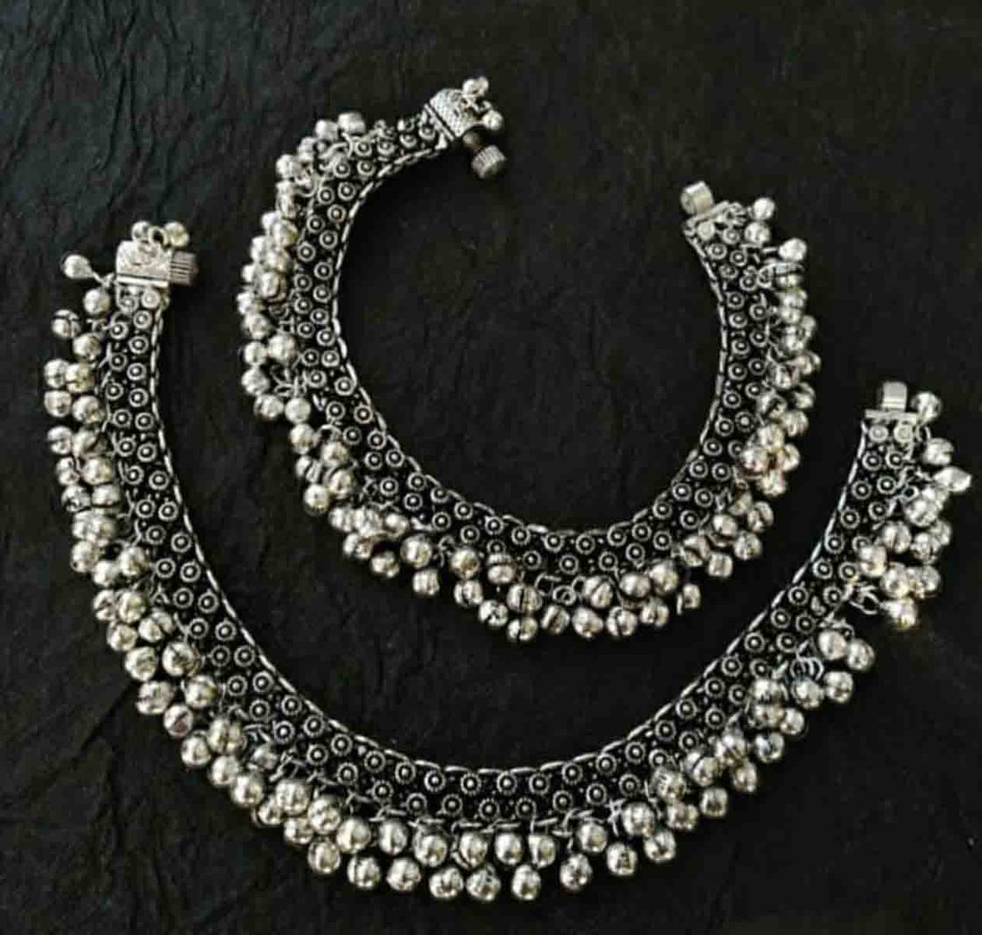 Oxidized Silver Floral brass  Ghungroo Anklet – Traditional Payal for Women & Girls