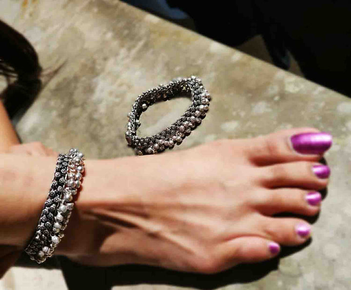 Oxidized Silver Floral brass  Ghungroo Anklet – Traditional Payal for Women & Girls