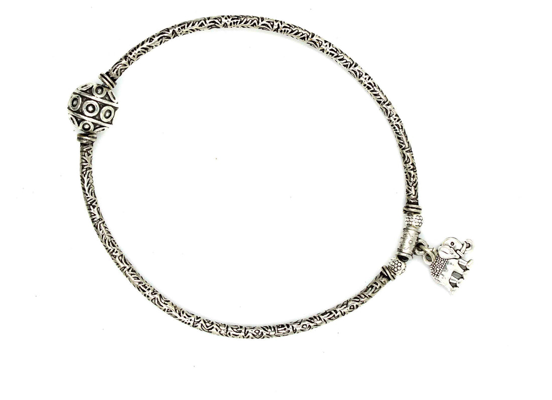 Oxidized Silver Stretchable Anklet with Elephant Charm and Tribal Bead Design(single)