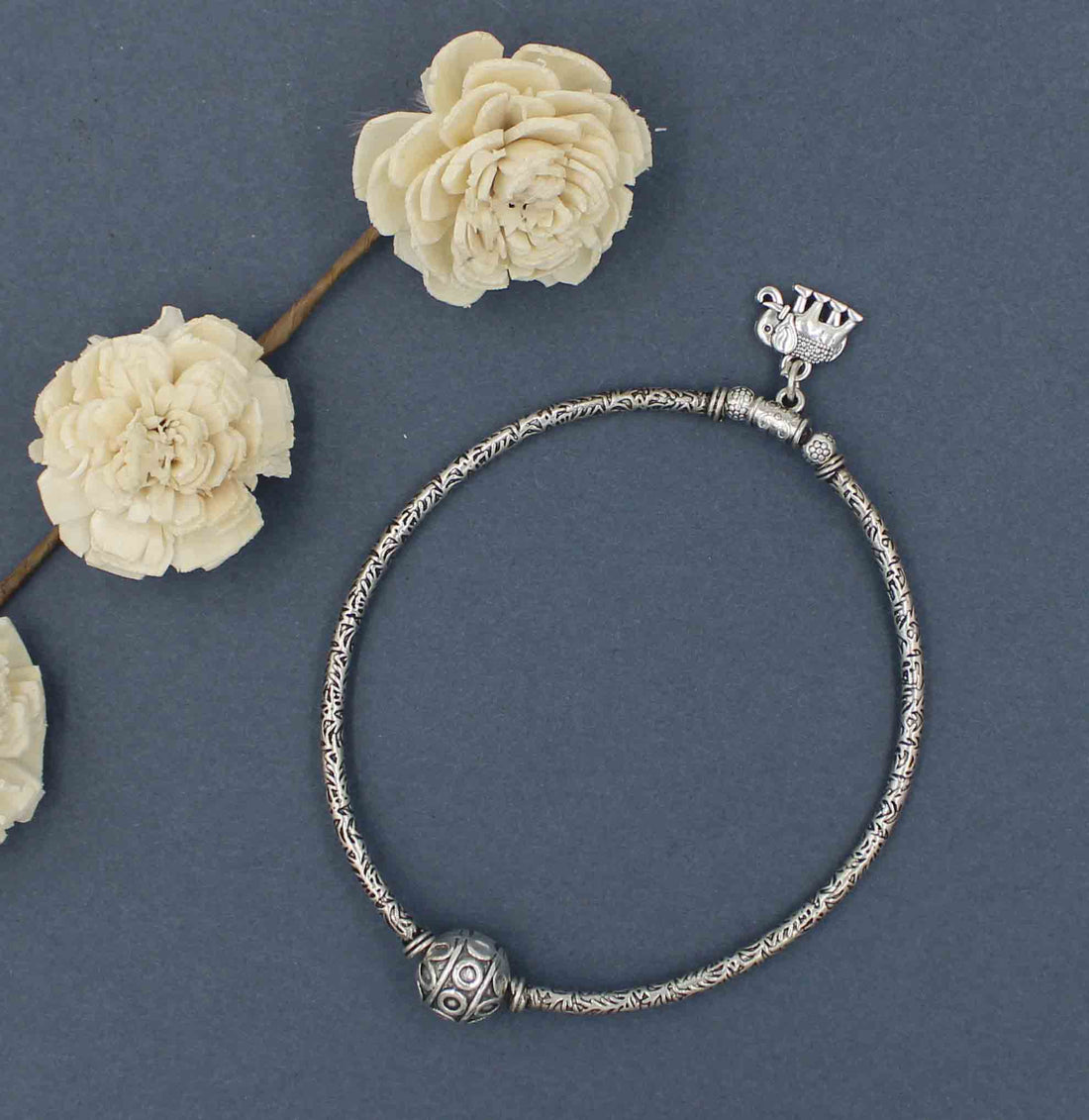 Oxidized Silver Stretchable Anklet with Elephant Charm and Tribal Bead Design(single)