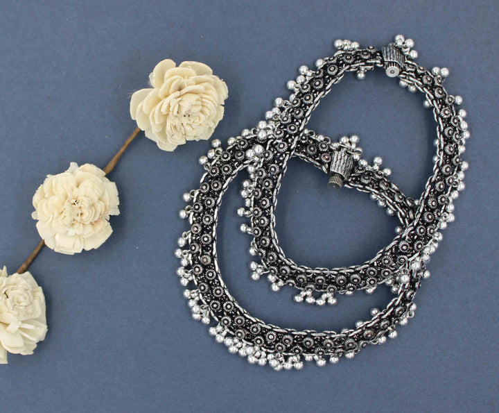 Oxidized Silver Antique Floral Design Payal with Plastic Ghungroo for Women & Girls