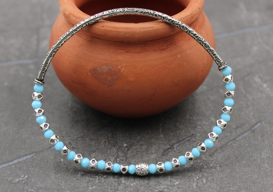 Oxidised Dual-Side Crystal Beaded Stretchable Anklet