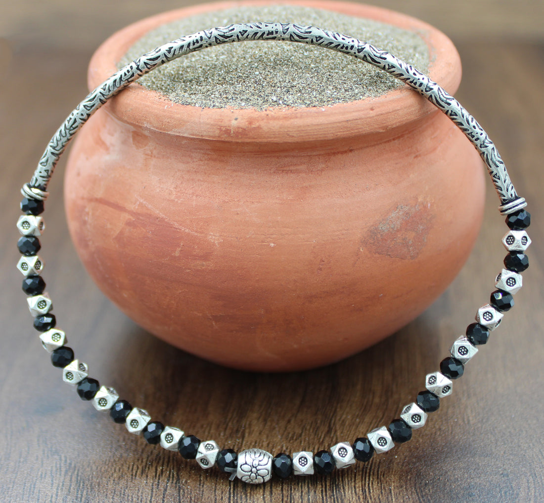 Oxidised Dual-Side Crystal Beaded Stretchable Anklet