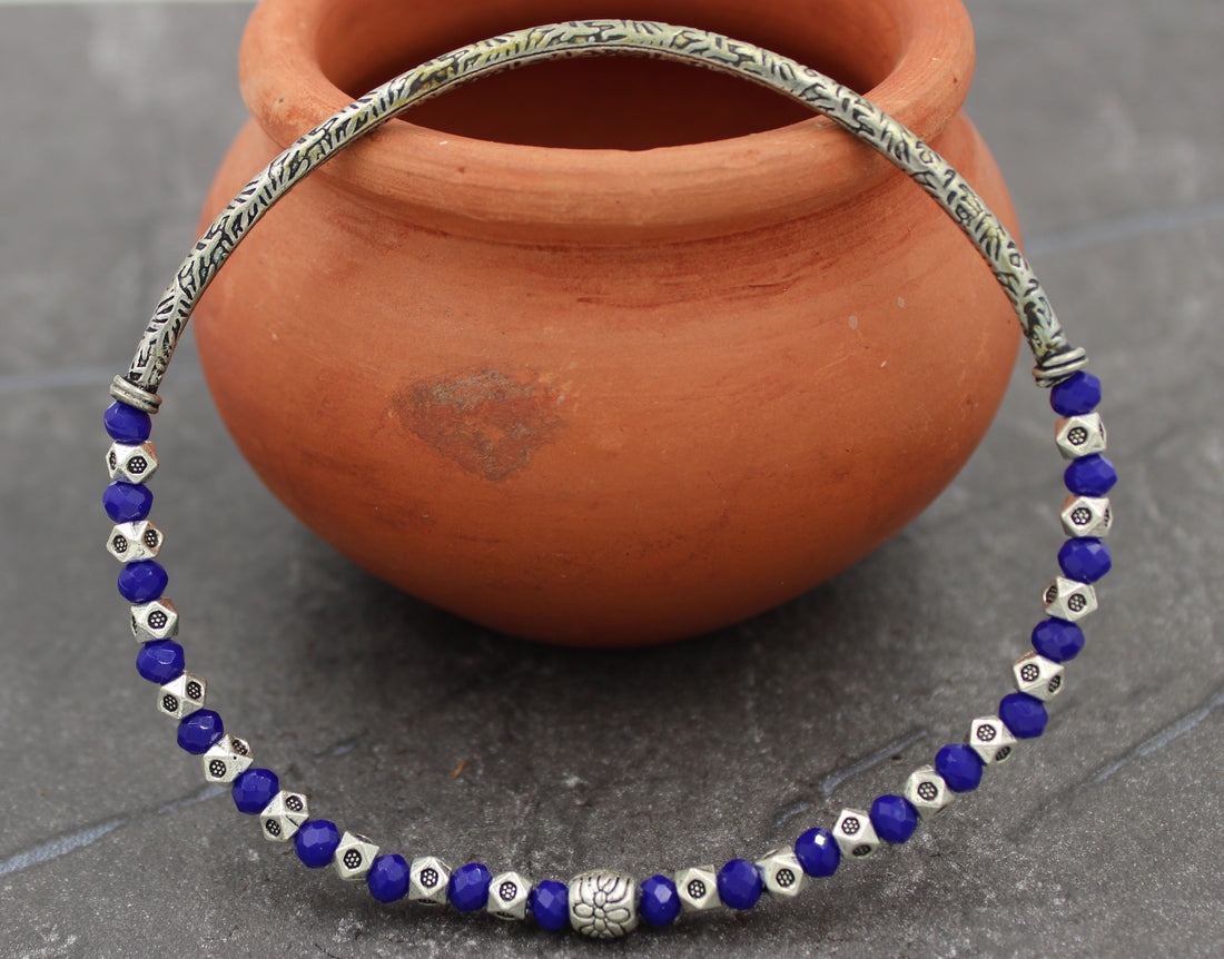 Oxidised Dual-Side Crystal Beaded Stretchable Anklet