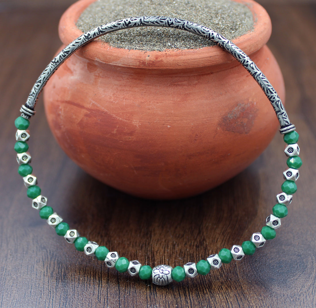 Oxidised Dual-Side Crystal Beaded Stretchable Anklet