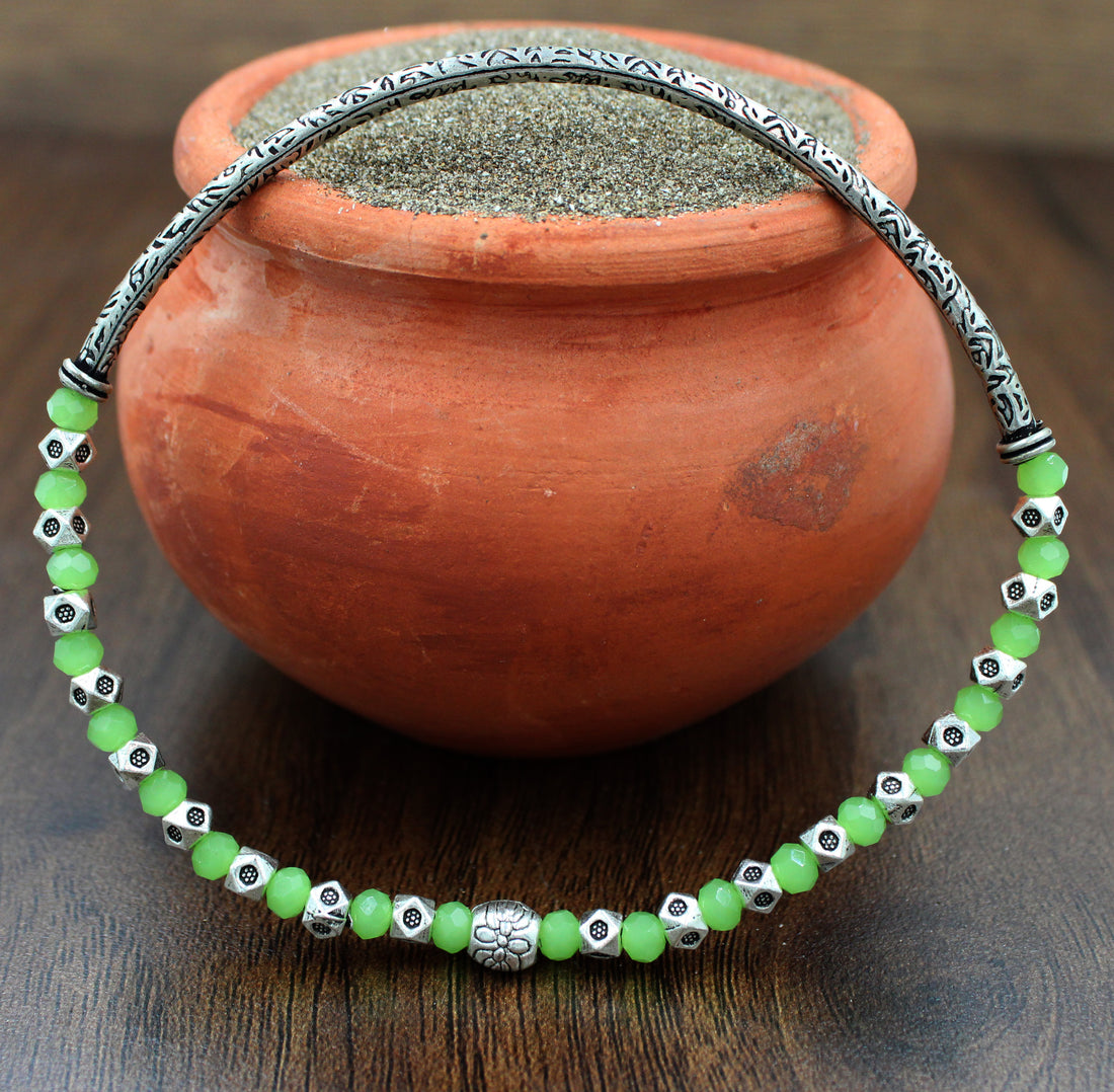 Oxidised Dual-Side Crystal Beaded Stretchable Anklet