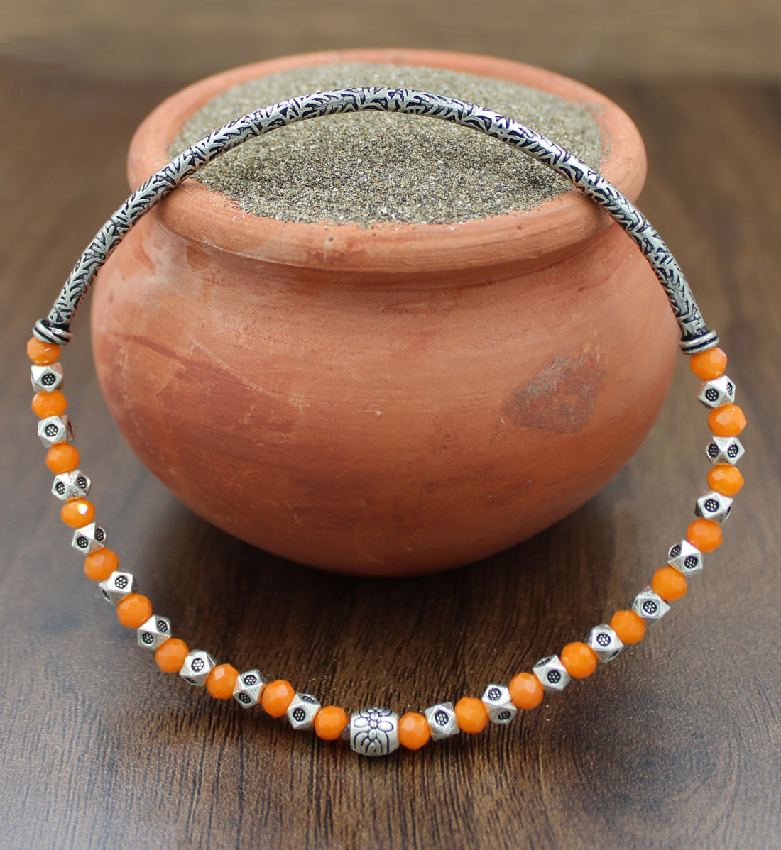Oxidised Dual-Side Crystal Beaded Stretchable Anklet