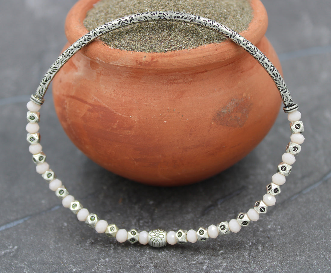 Oxidised Dual-Side Crystal Beaded Stretchable Anklet