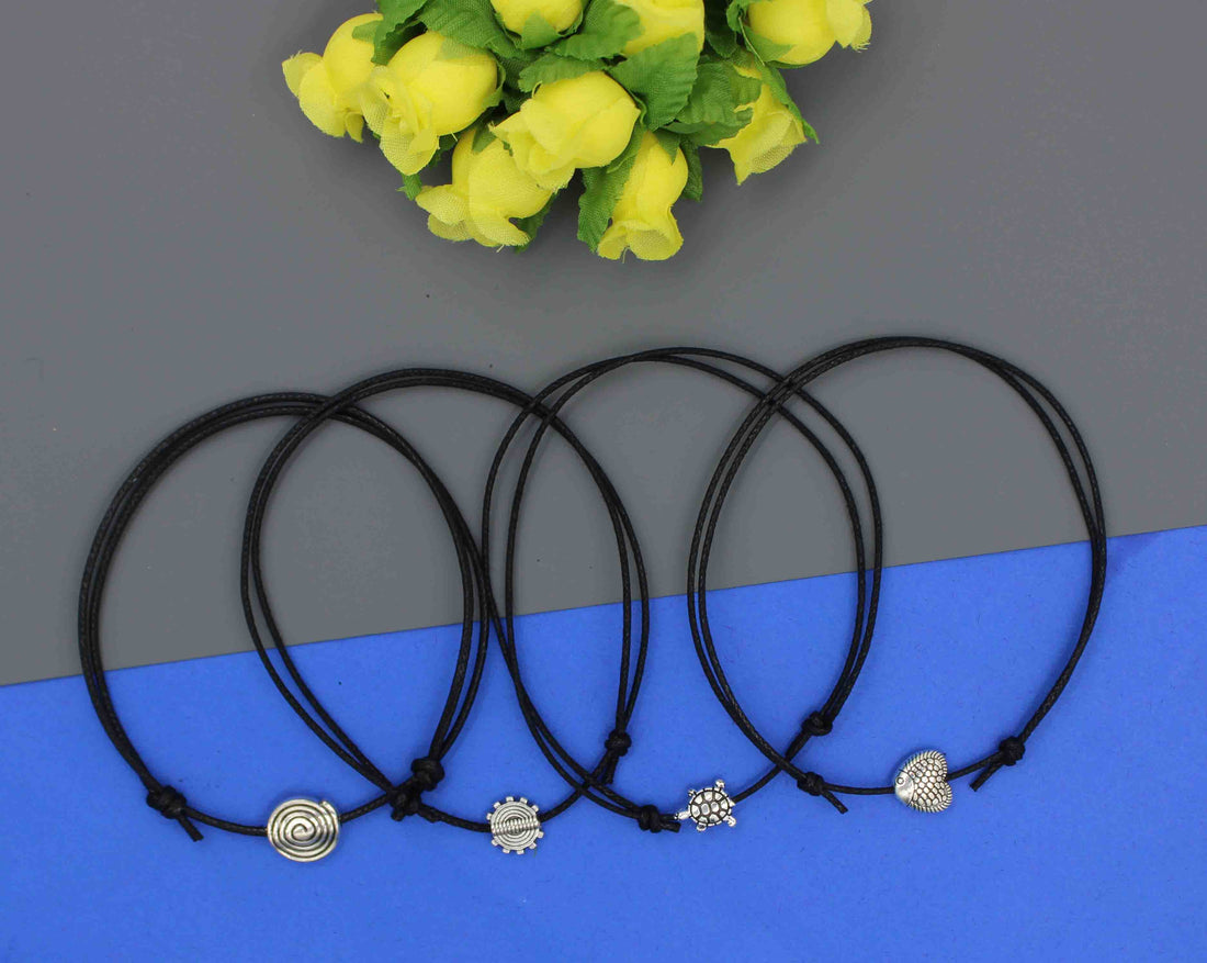 Boho Charm Bracelet Set – Pack of 5 Adjustable Black Thread Bracelets
