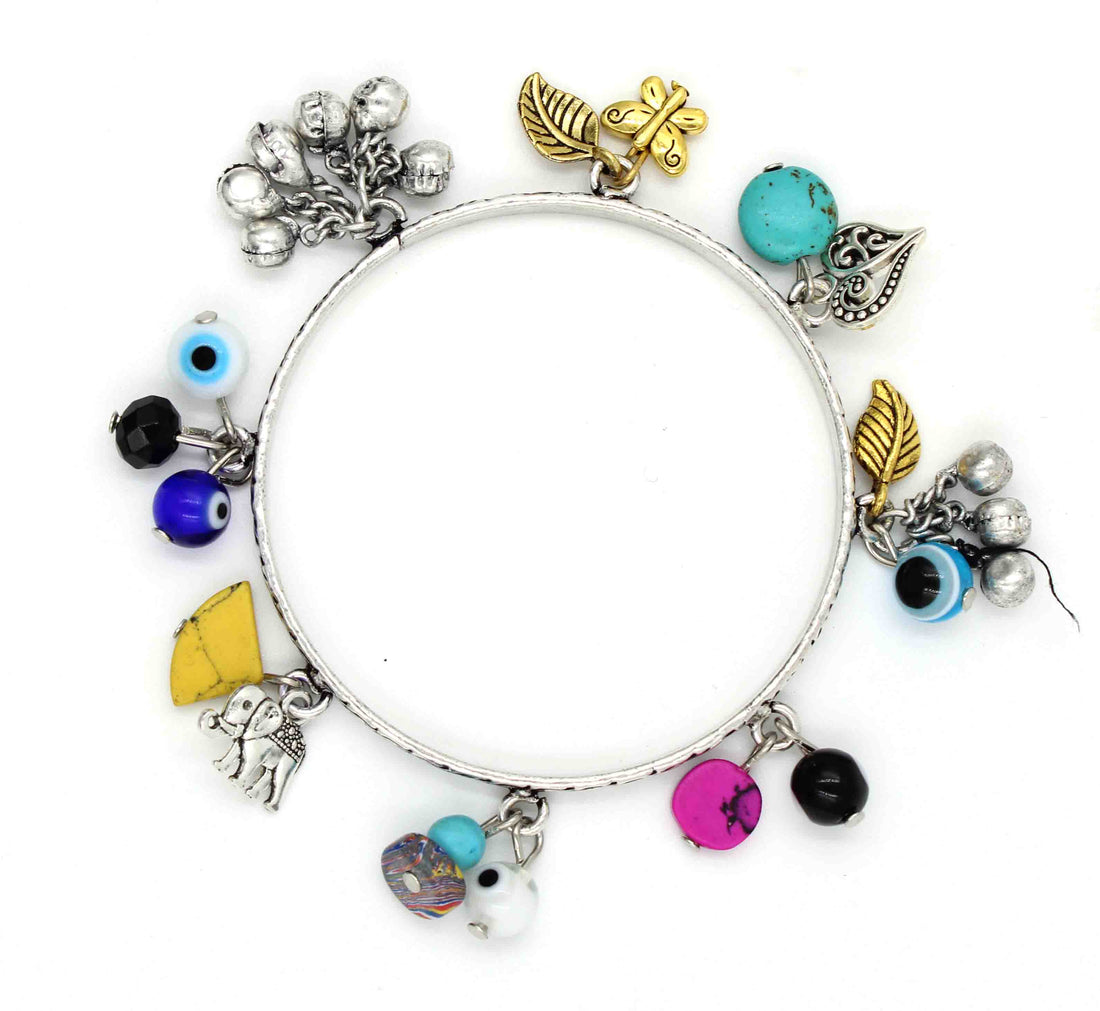 Evil Eye Charm Oxidised Bangle with Colorful Beads & Antique Motifs – Size 2.2 to 2.8