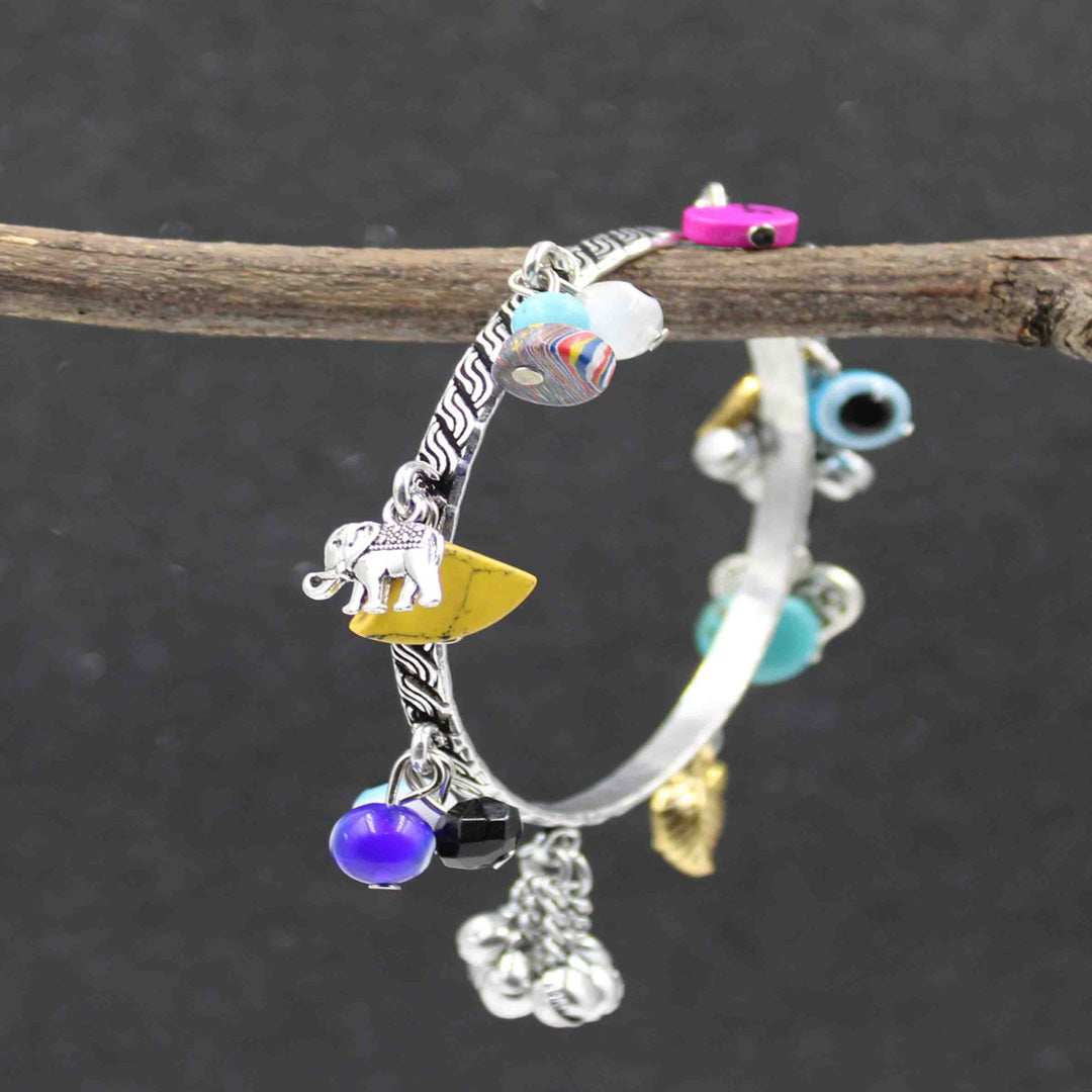 Evil Eye Charm Oxidised Bangle with Colorful Beads & Antique Motifs – Size 2.2 to 2.8