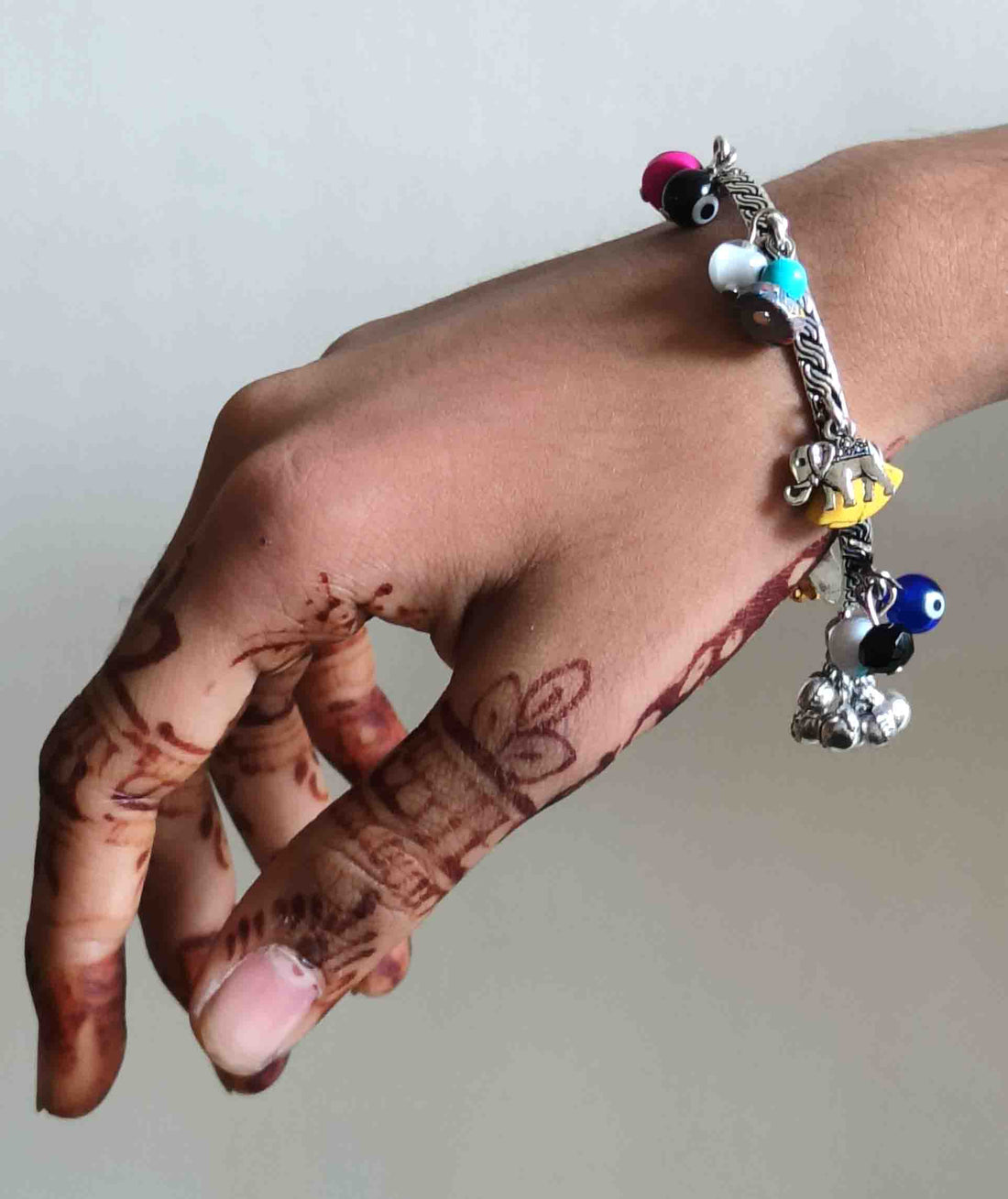 Evil Eye Charm Oxidised Bangle with Colorful Beads & Antique Motifs – Size 2.2 to 2.8