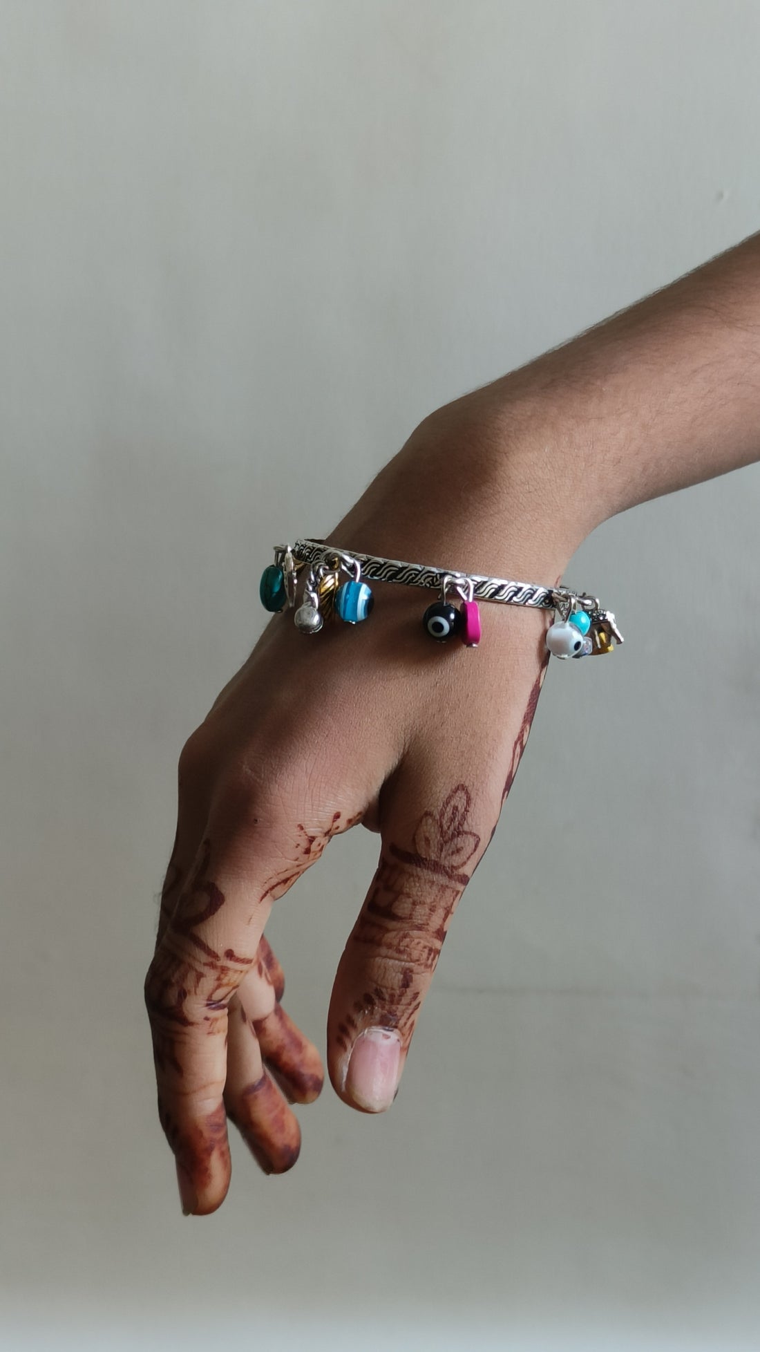 Evil Eye Charm Oxidised Bangle with Colorful Beads & Antique Motifs – Size 2.2 to 2.8